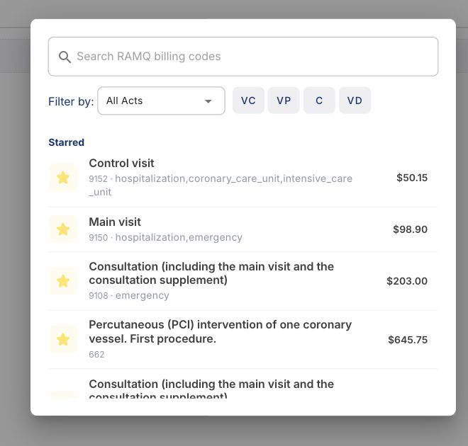 RAMQ billing-code selection interface without a saved billing entry