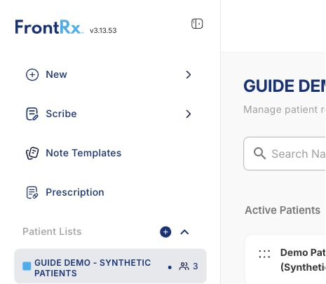 FrontRx main navigation beside an explicitly labelled synthetic patient list