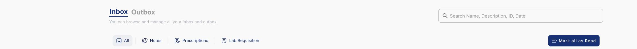 Inbox and outbox tabs, document-type filters, and search controls without document rows