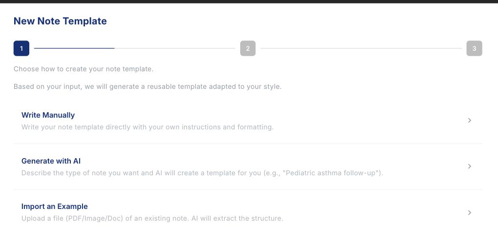 New Note Template dialog offering manual, AI-assisted, and example-import starting options