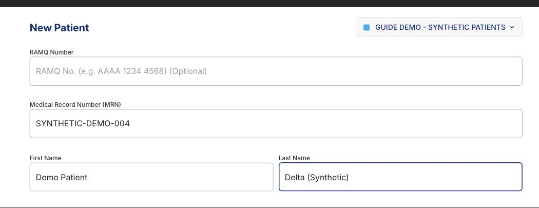 Create Patient form populated only with an explicitly labelled synthetic demo patient