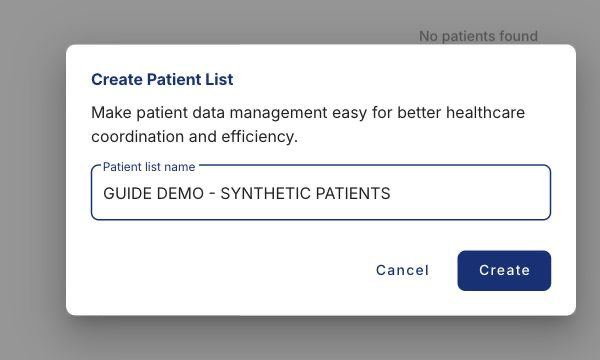 Create Patient List dialog containing a synthetic demo list name
