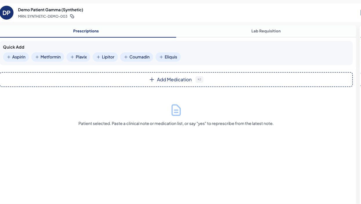 Prescription workspace opened for an explicitly labelled synthetic demo patient