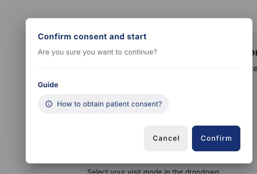 Patient consent confirmation dialog shown before transcription starts