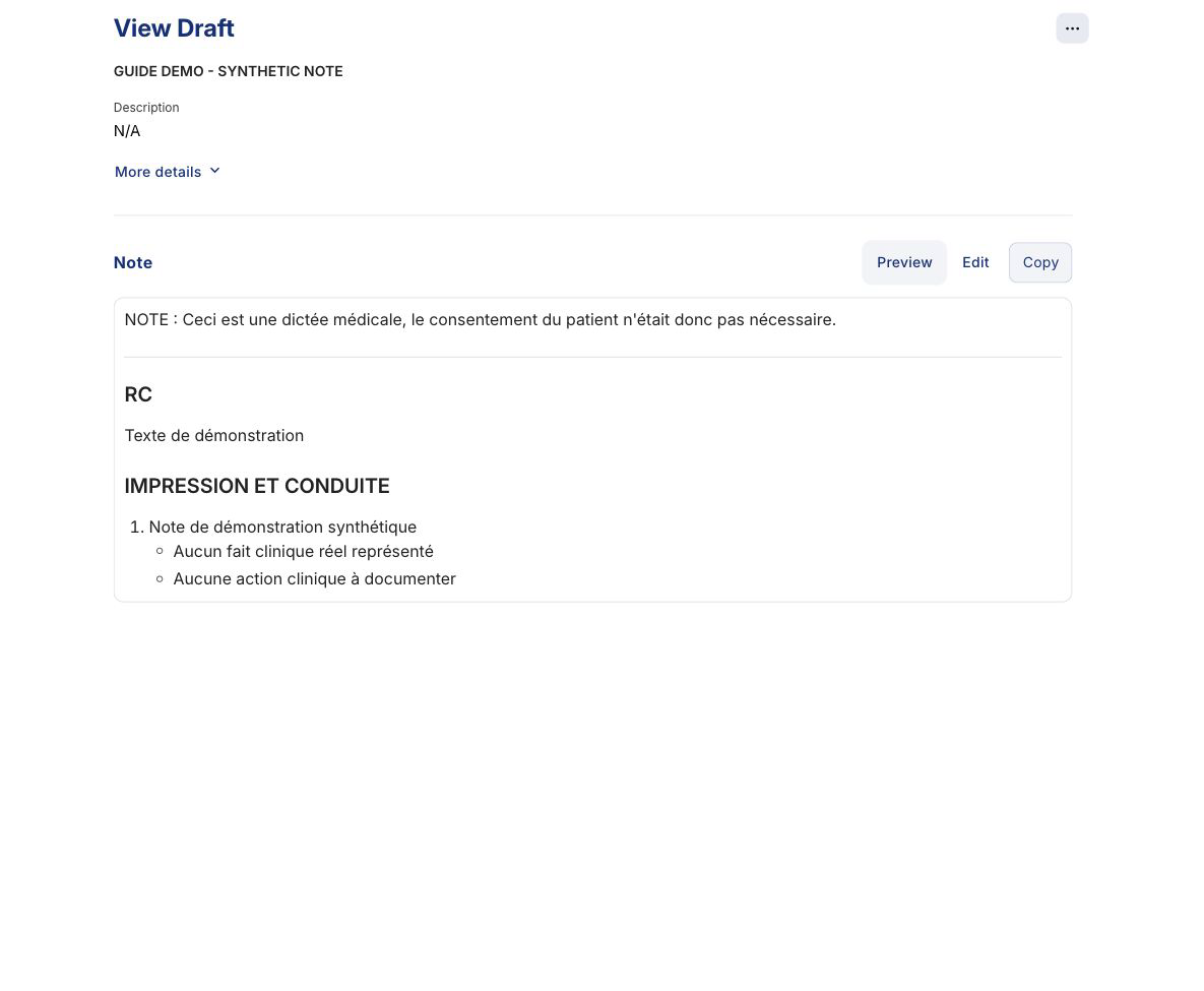 View Draft panel showing an explicitly labelled synthetic generated note with preview, edit, and copy controls