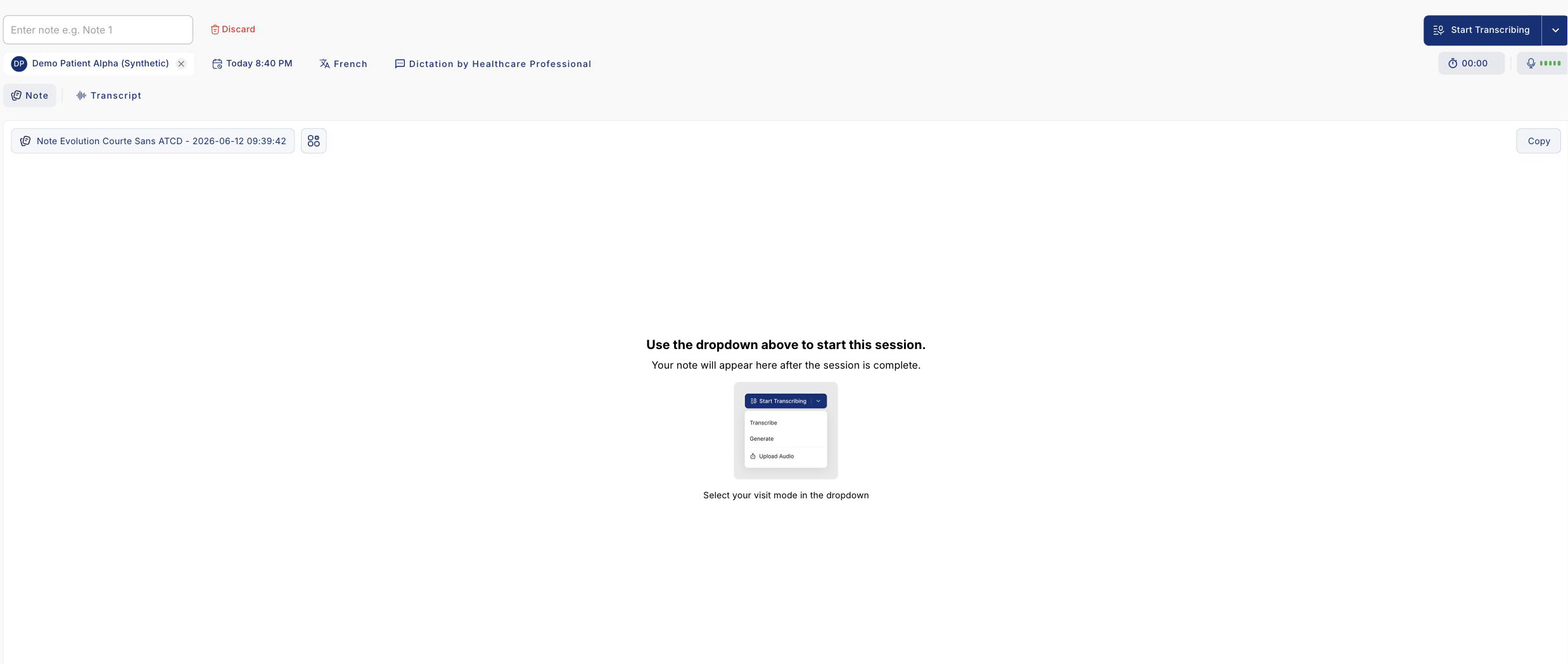 Empty AI Scribe workspace assigned to an explicitly labelled synthetic patient