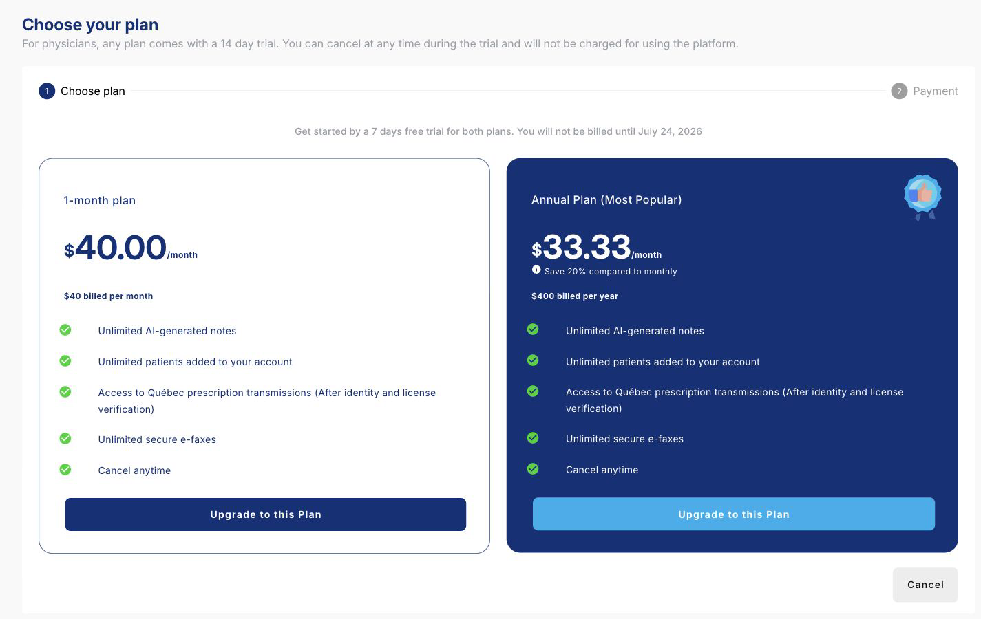 Choose your plan screen with monthly and annual plan options and their features